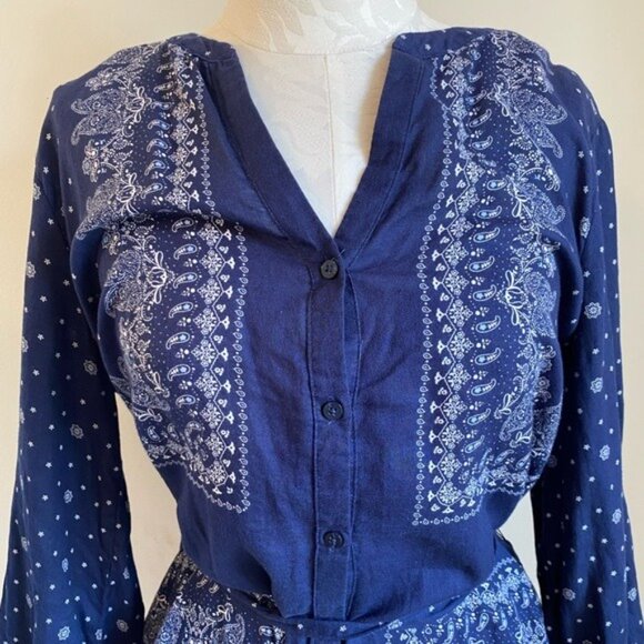 Old Navy Women's Navy Blue Handkerchief Pattern Button-Down Dress W/ Belt Size L - Picture 4 of 7